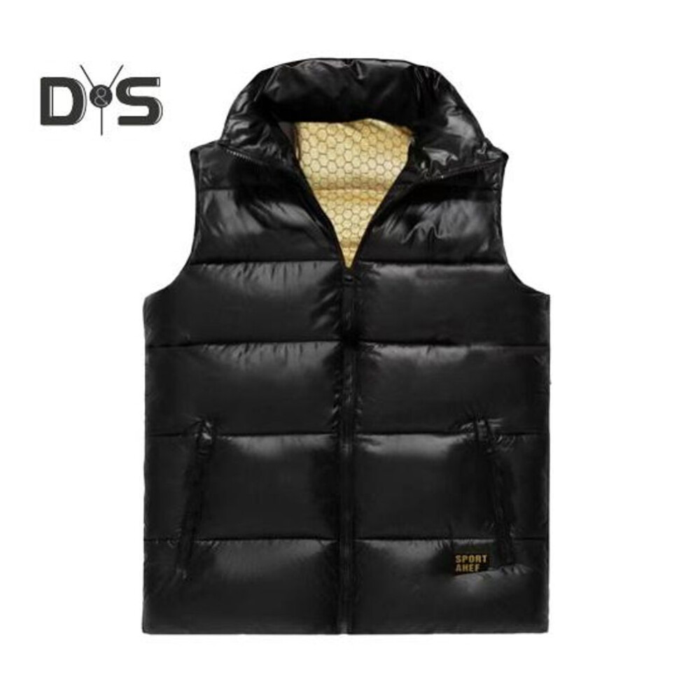 (L, black) Men Thermal Vest Coat Stand Collar Sleeveless Zipper Closure Waistcoat with Pockets Design Golden Letter Print Vest Coat