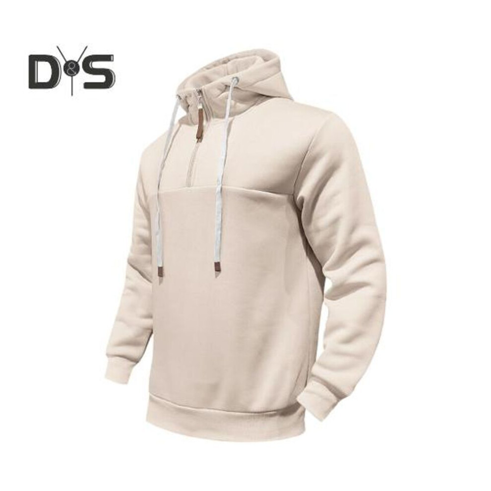 (apricot, XXL) Men Winter Hoodie Zippered Half-open Stand-up Collar Solid Color Loose Pullover Sport Top Elastic Cuffs Keep Warm Daily Clothes