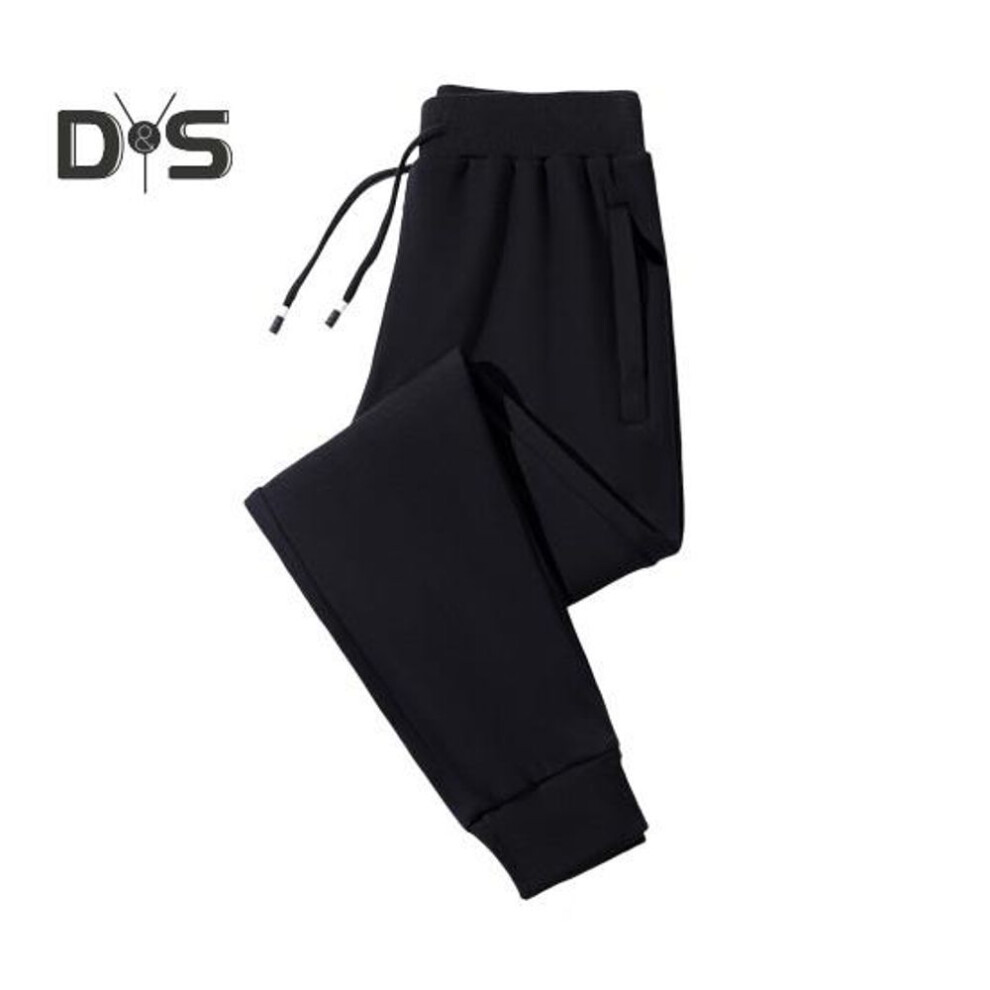 (black, 4XL) Winter Men Pants Thick Plush Drawstring Elastic Waist Heat Retention Zipper Pockets Plus Size Ankle-banded Solid Color Warm Sport Travel Work Trousers