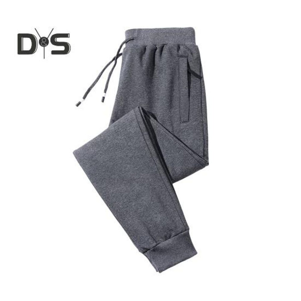 (grey, 3XL) Winter Men Pants Thick Plush Drawstring Elastic Waist Heat Retention Zipper Pockets Plus Size Ankle-banded Solid Color Warm Sport Travel Work Trousers