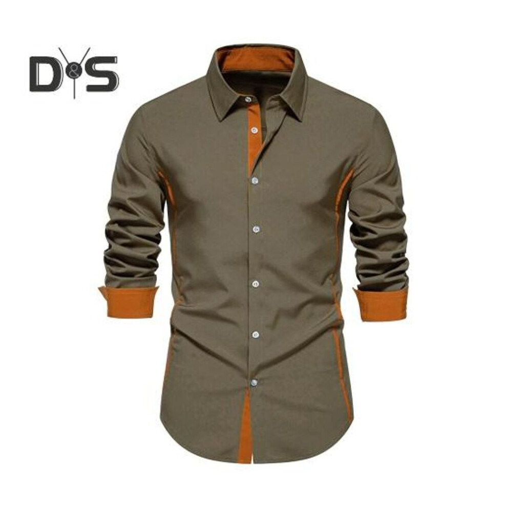 (M, army green) Fall Men Shirt Turn-down Collar Buttons Long Sleeves Solid Color Slim Fit Mid Length Casual Formal Business Commute Top