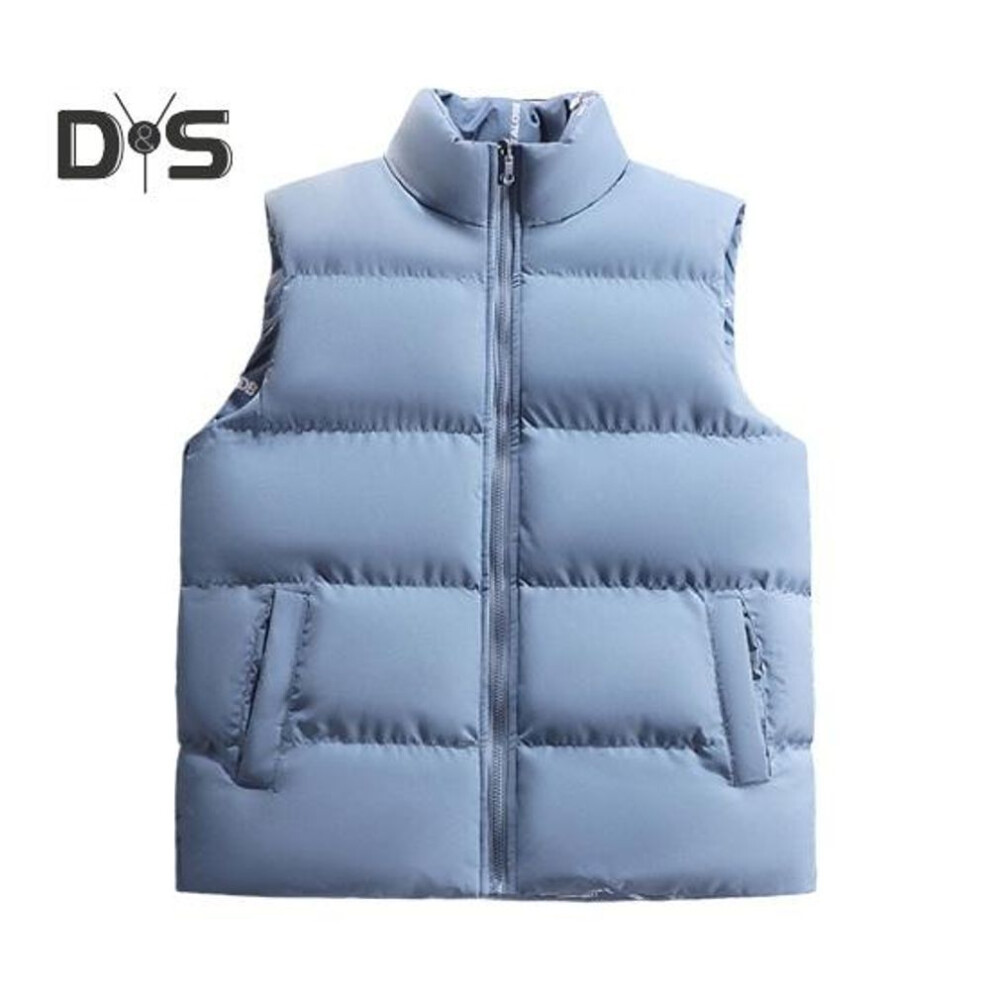 (XXXL, blue) Men Vest Coat Zipper Closure Stand Collar Sleeveless Reversible Waistcoat With Pockets Printing Solid Color Drawstring Hem Puffer Vest
