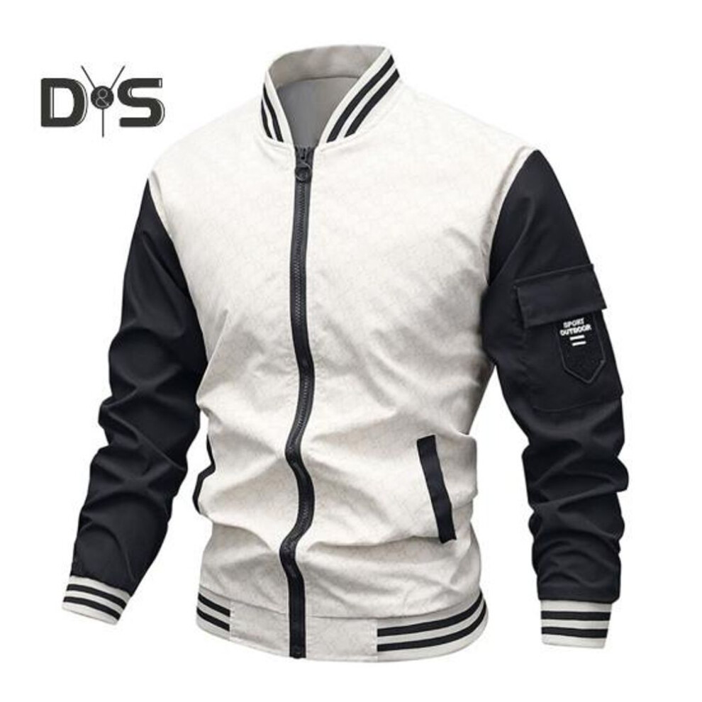 (white, XXL) Fall Spring Men Baseball Coat Stand Collar Zip-up Contrast Color Plus Size Loose Thin With Pockets Travel Jacket Mid-aged Man Sport Outerwear