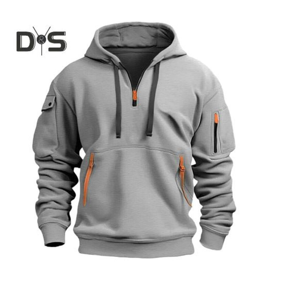 (light grey, S) Men Hoodie Zipper And Strap Decor Drawstring Hooded Top Fall Spring Winter Patchwork Pullover Hoodie With Elastic Cuffs For Outdoor School Work Daily