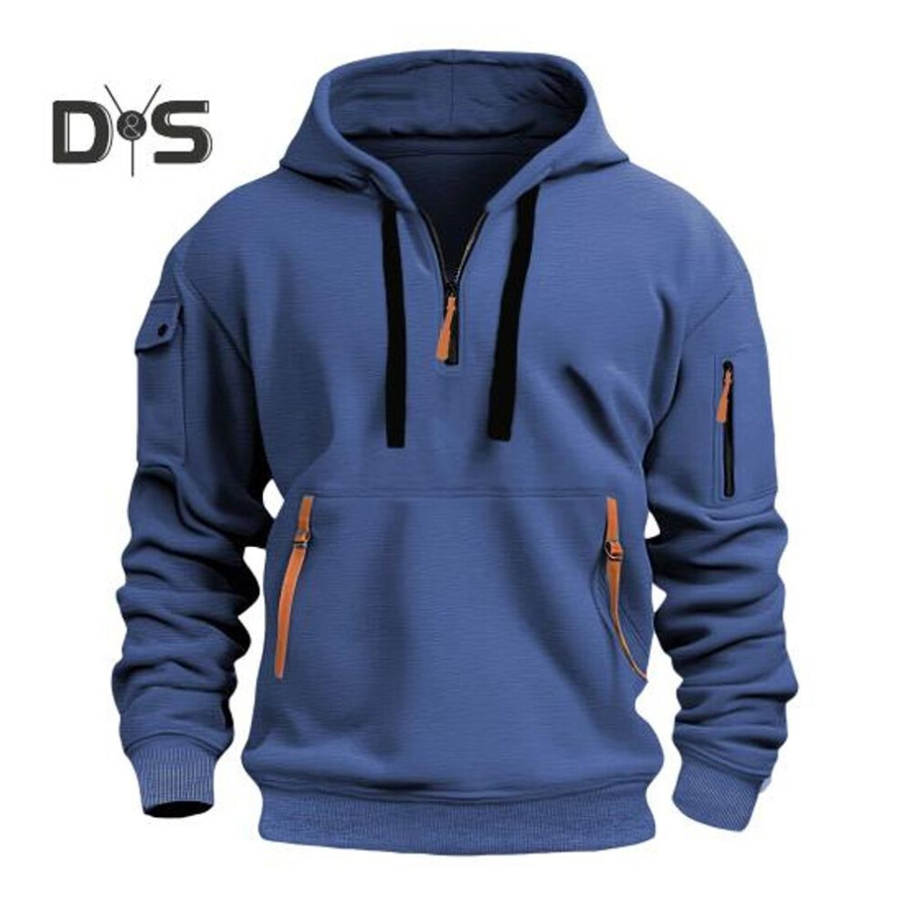 (royal blue, XL) Men Hoodie Zipper And Strap Decor Drawstring Hooded Top Fall Spring Winter Patchwork Pullover Hoodie With Elastic Cuffs For Outdoor School Work Daily