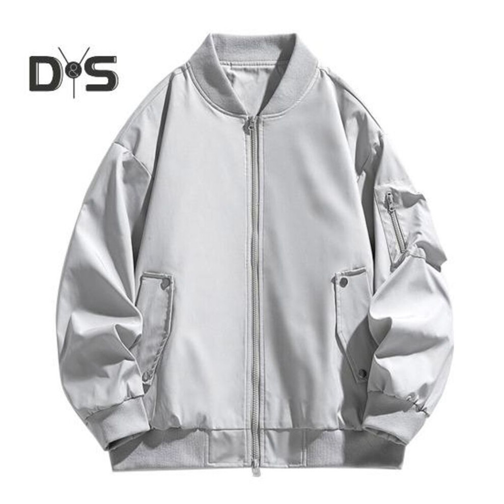 (grey, L) Men Baseball Jacket Full Zipper Lightweight Solid Color Two Side Pockets Outdoor Casual Coat Spring And Autumn Tops For Daily Wear