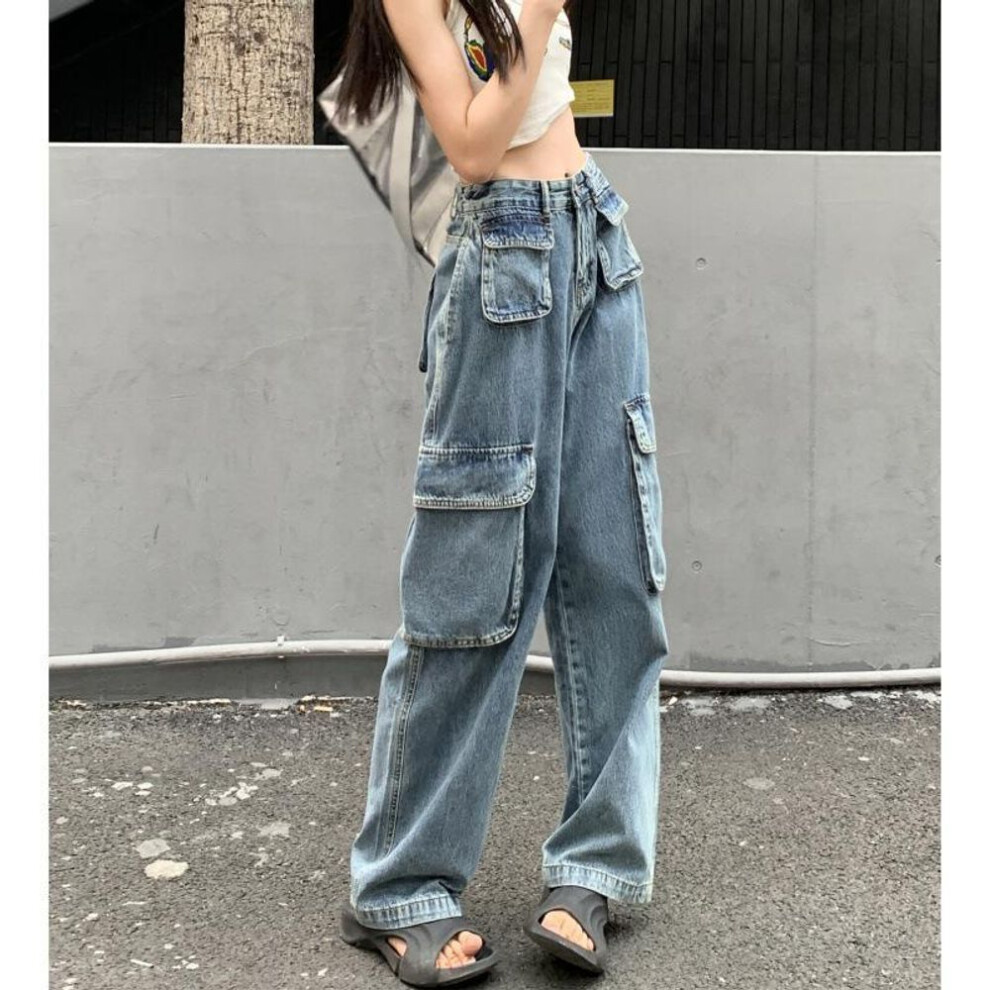 (blue, S) Plus Size Women's Retro Wide-leg Workwear Jeans