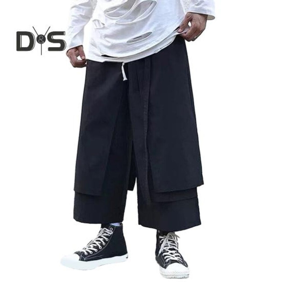 (black, 3XL) Men's Loose Fit Pants Hip-hop Wide Leg Pants With Pockets Casual Black Layered Pants For Everyday Wear Street