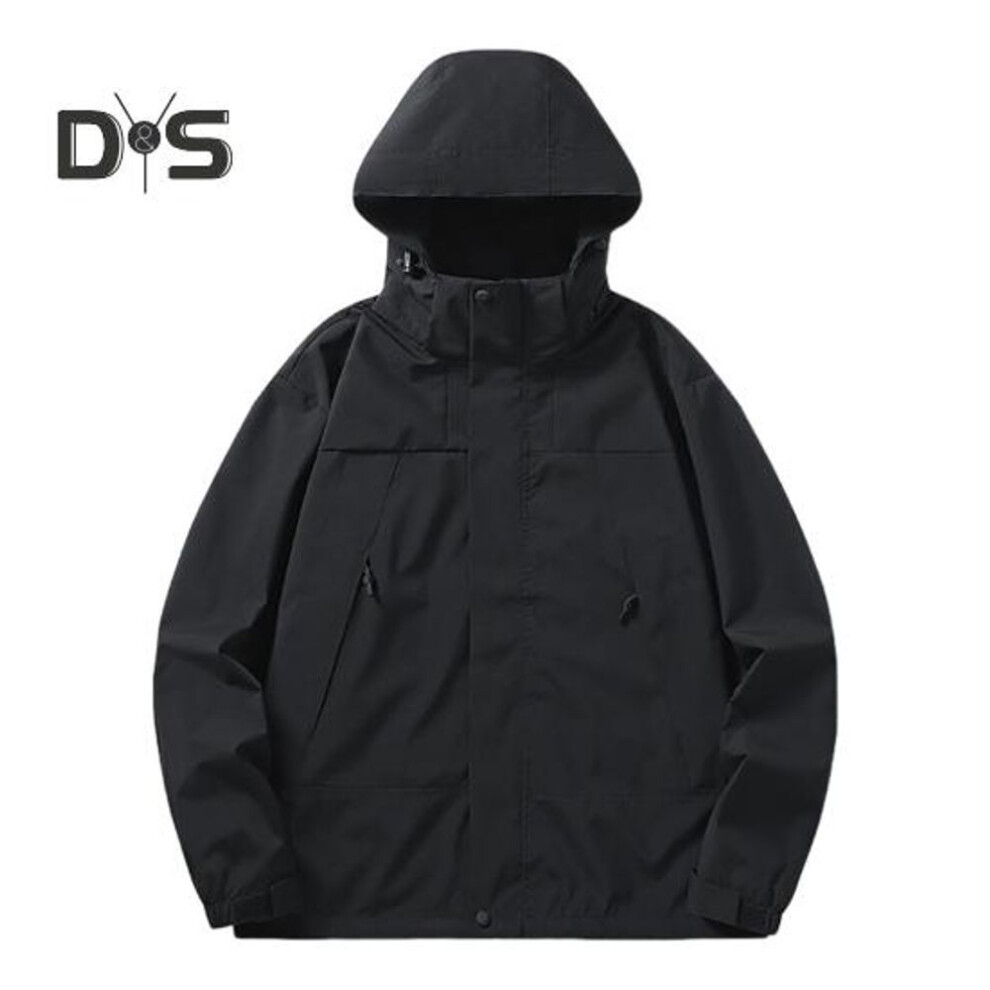 (black, XL) Men Women Trench Coat Waterproof Rain-resistant Windproof Sports Jacket Patchwork Color Stand-up Collar Hooded Zipper Design Unisex Coat