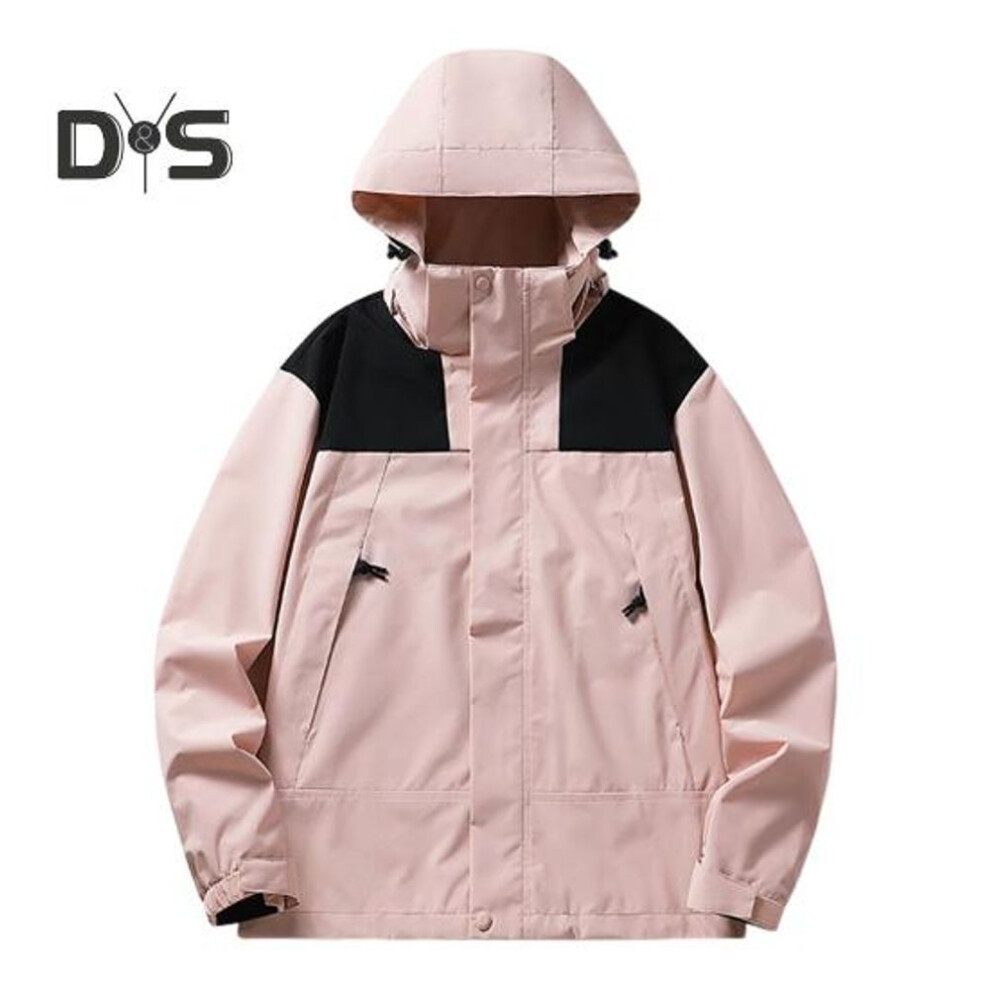 (pink, XXXL) Men Women Trench Coat Waterproof Rain-resistant Windproof Sports Jacket Patchwork Color Stand-up Collar Hooded Zipper Design Unisex Coat