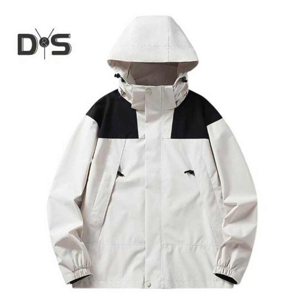(ivory, L) Men Women Trench Coat Waterproof Rain-resistant Windproof Sports Jacket Patchwork Color Stand-up Collar Hooded Zipper Design Unisex Coat