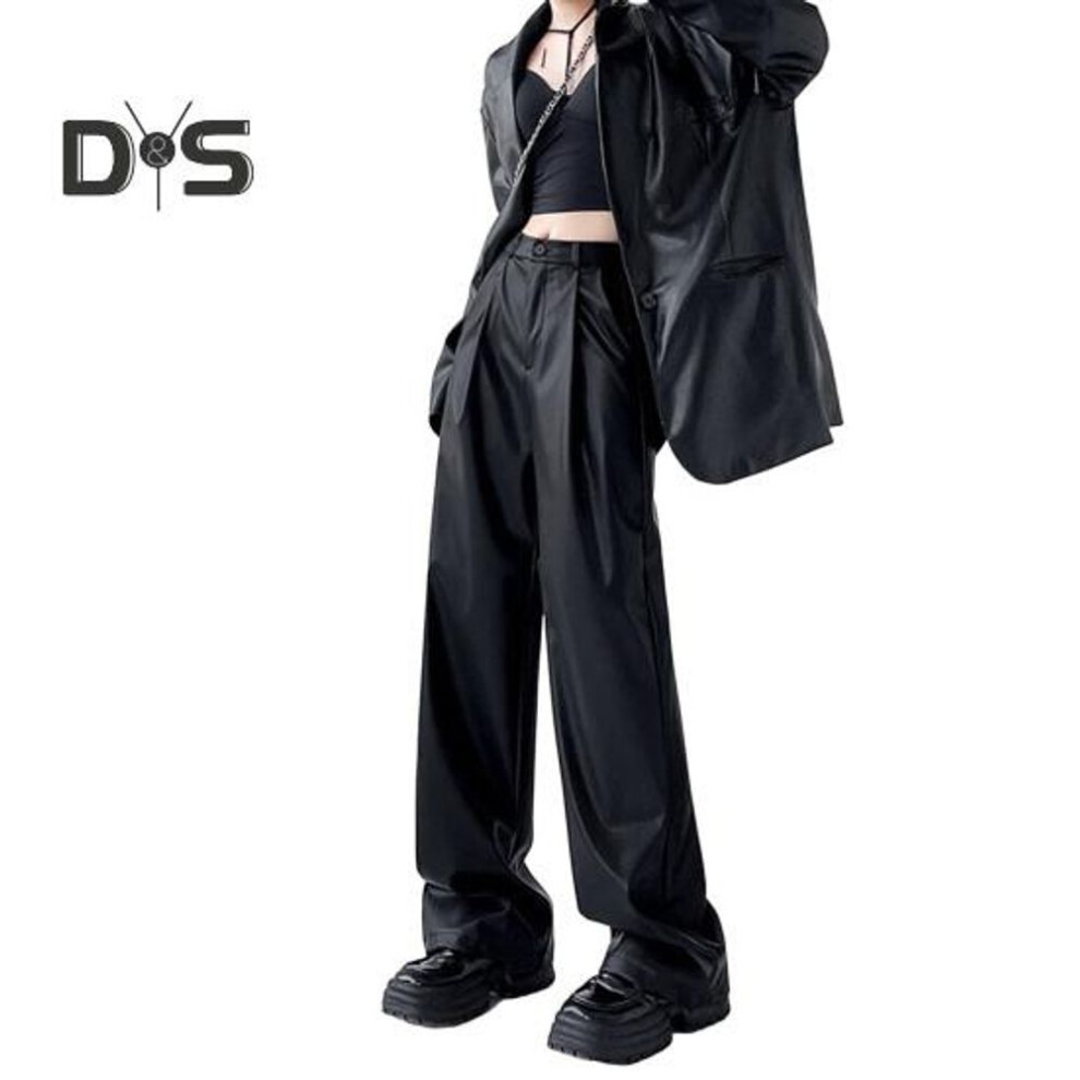 (black, S) Women Spring Pants High Waist Wide-leg Imitation Leather Trousers With Pockets Solid Color Straight Wide Leg Pants