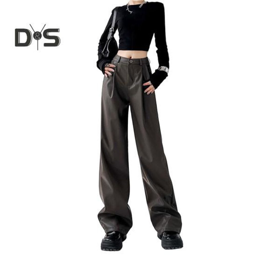 (khaki, S) Women Spring Pants High Waist Wide-leg Imitation Leather Trousers With Pockets Solid Color Straight Wide Leg Pants