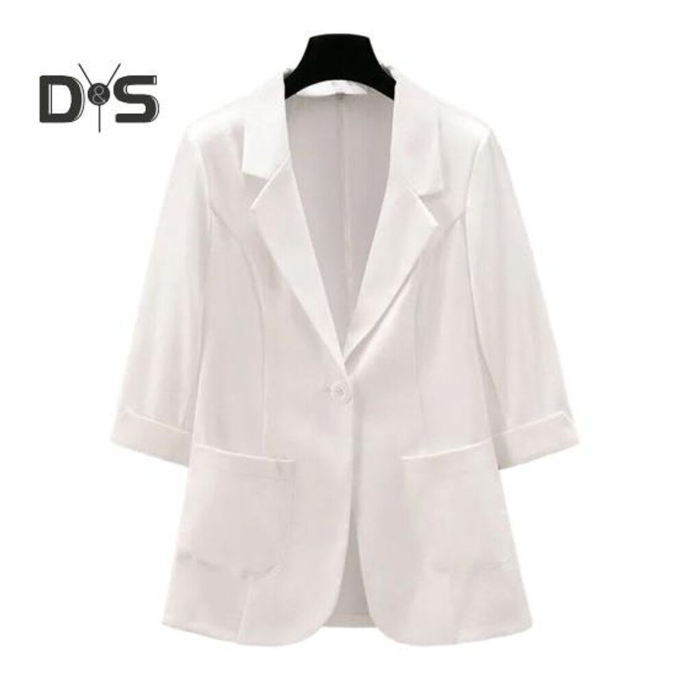 (white, XL) Women Suit Coat Lapel 3/4 Sleeve Button Placket Summer Suit Jacket Solid Color Thin Breathable Casual Coat