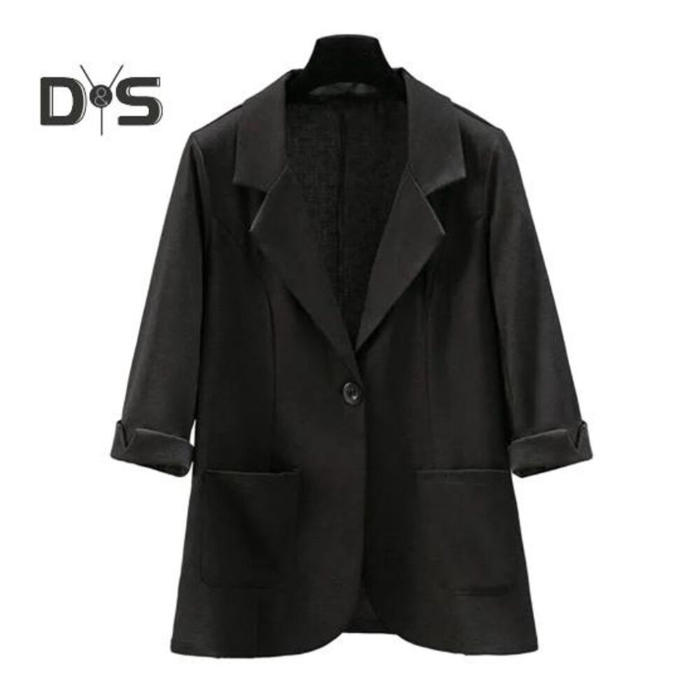 (black, 5XL) Women Suit Coat Lapel 3/4 Sleeve Button Placket Summer Suit Jacket Solid Color Thin Breathable Casual Coat