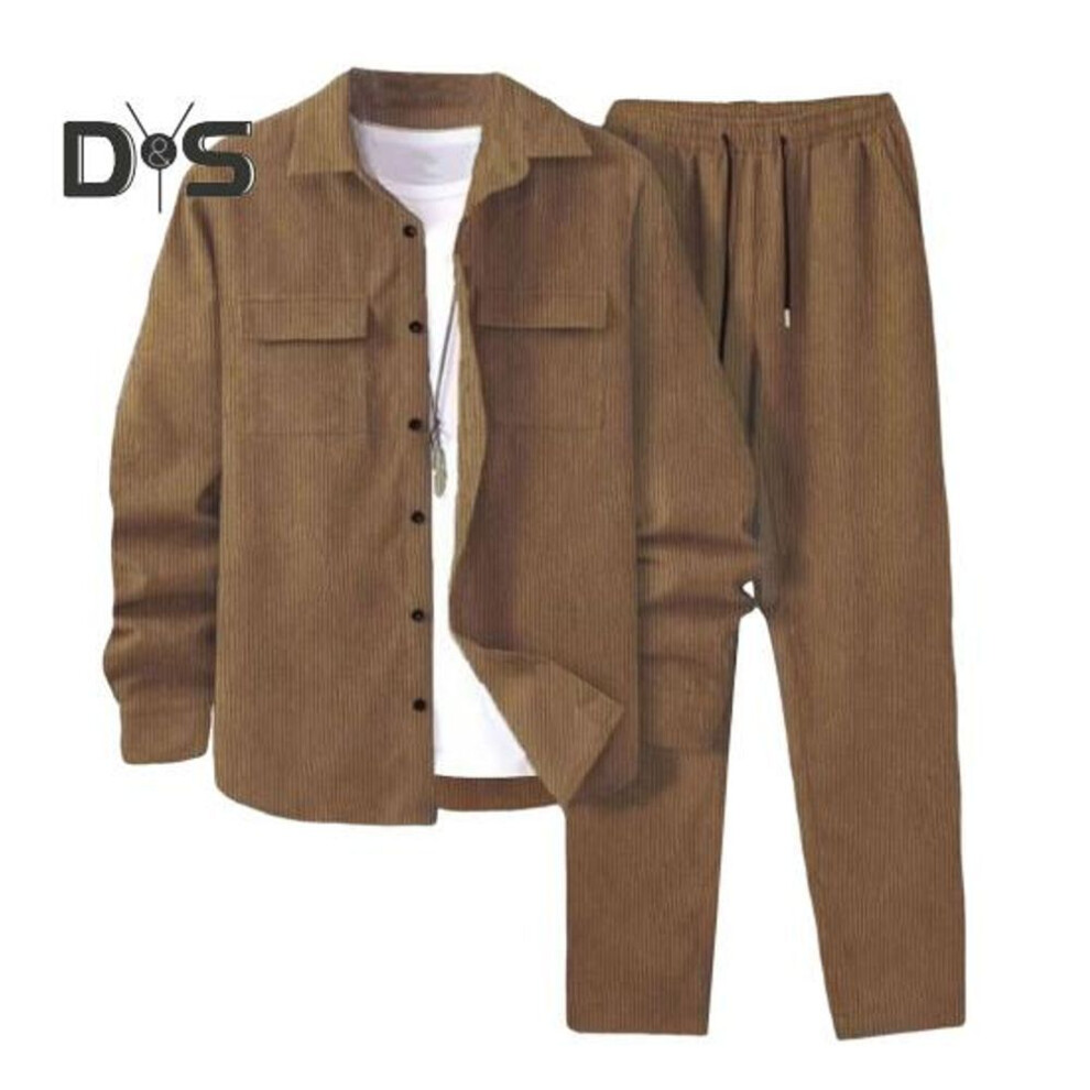 (khaki, M) 2Pcs/Set Men Sportwear Set Lapel Long Sleeve Flap Pockets Coat Elastic Drawstring Waist Long Trousers Set Loose Fit Activewear