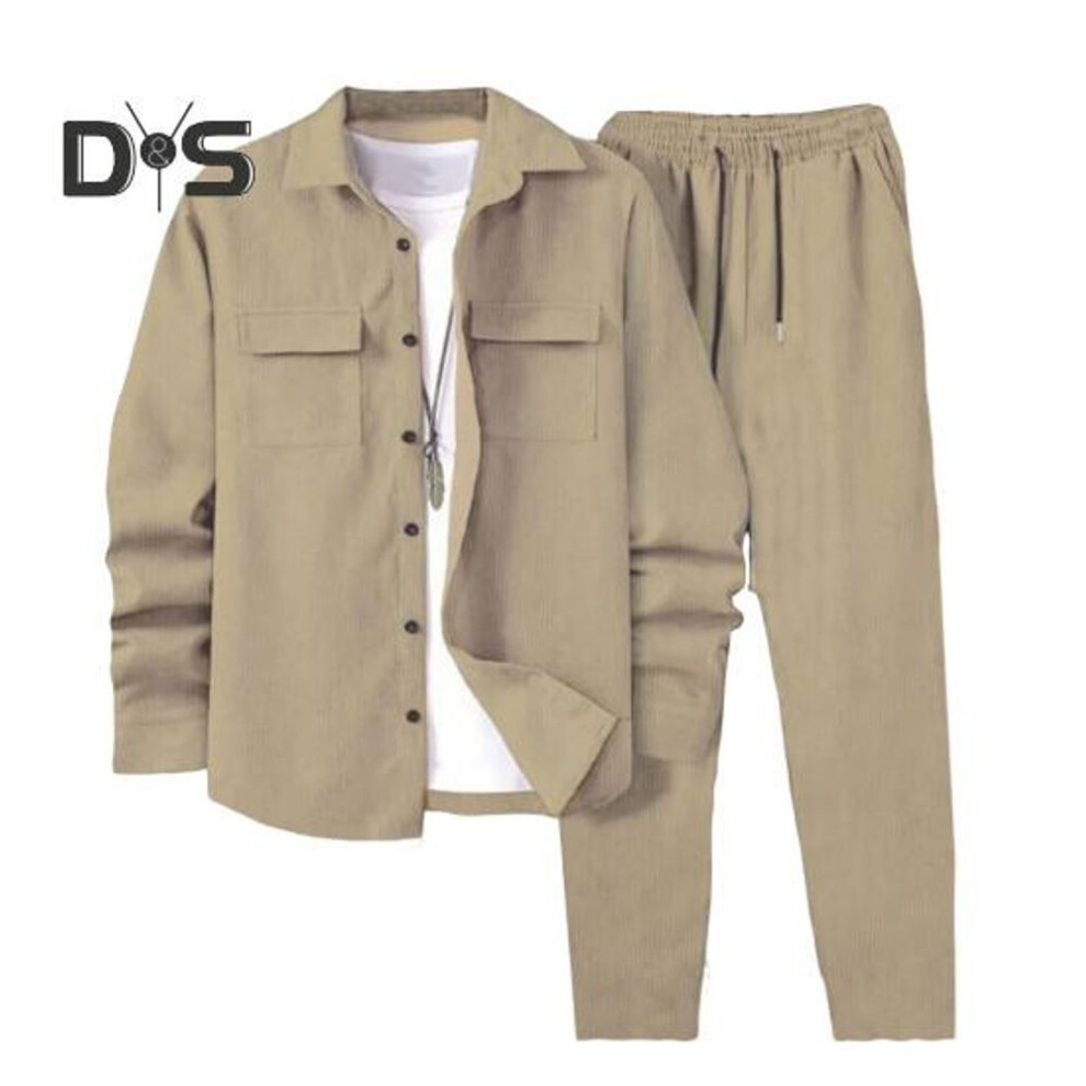 (beige, XL) 2Pcs/Set Men Sportwear Set Lapel Long Sleeve Flap Pockets Coat Elastic Drawstring Waist Long Trousers Set Loose Fit Activewear