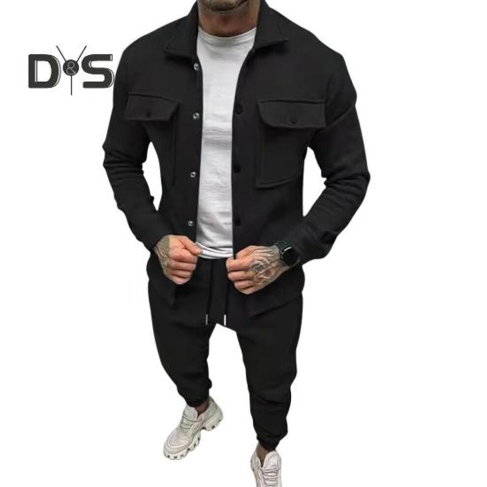 (black, L) 2Pcs/Set Men Sportwear Set Lapel Long Sleeve Flap Pockets Coat Elastic Drawstring Waist Long Trousers Set Loose Fit Activewear Sports Casual Wear
