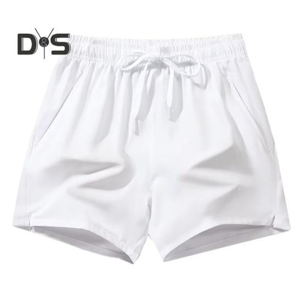 (white, L) Men Summer Shorts Elastic Waist Adjustable Drawstring Sport Shorts With Pockets Solid Color Wide Leg Shorts