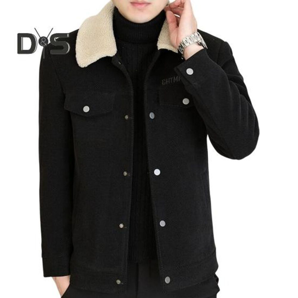 (black, 2XL) Men Jacket Coat Solid Color Lapel Button Closure Casual Jacket Thickened Velvet Lining Outerwear Daily Wear