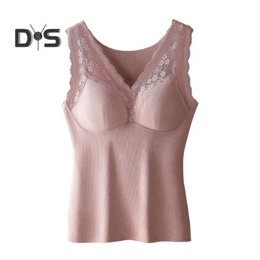 (XXXL, pink) Winter Women Thermal Vest with Chest Pads Seamless Lace Fast Temperature Lock V Neck Slim Fit Elastic Sleeveless Inner Wear Bottoming Tank Top