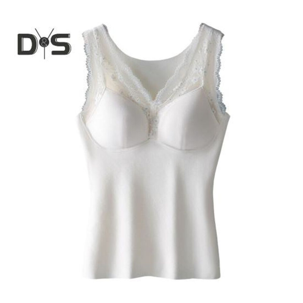 (XL, white) Winter Women Thermal Vest with Chest Pads Seamless Lace Fast Temperature Lock V Neck Slim Fit Elastic Sleeveless Inner Wear Bottoming Tank Top