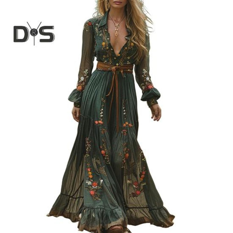 (green, XXXL) Women Dress Turn-down Collar Flower Printing Pleated A-line Ruffle Patchwork Three-quarter Sleeves Maxi Dress Spring Fall Dating Party Dress
