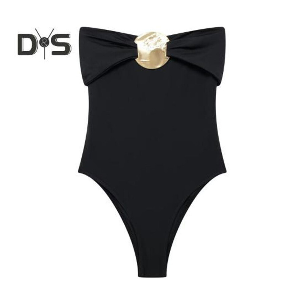 (L, black) Sexy Monokini Bandeau Sleeveless Slim Fit One-Piece Bikini with Metal Jewelry Tummy Control Quick Drying One-piece Swimsuit