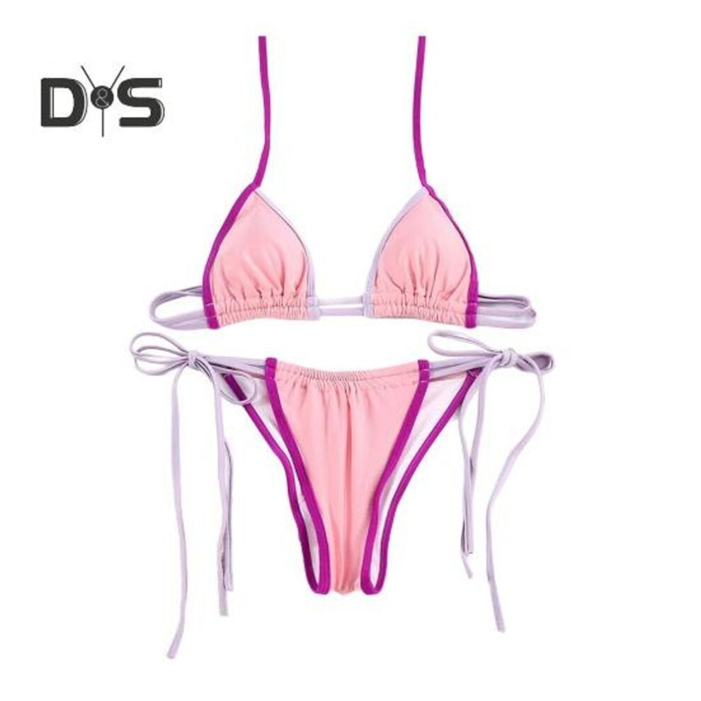 (S, pink) 2pcs/set Women Swimsuit Set Halter Underwire No Padded Bra Ruched High Waist Bikini Briefs Set Patchwork Color Beachwear