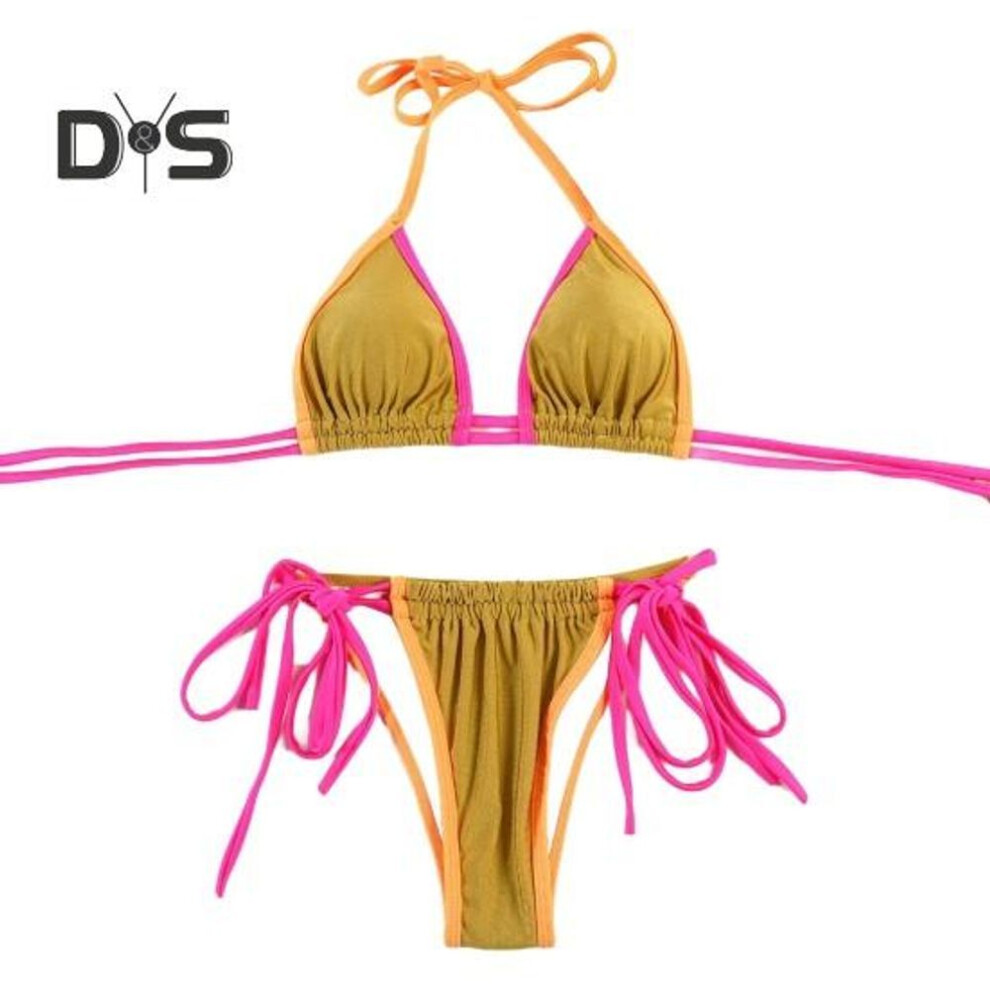 (S, green) 2pcs/set Women Swimsuit Set Halter Underwire No Padded Bra Ruched High Waist Bikini Briefs Set Patchwork Color Beachwear