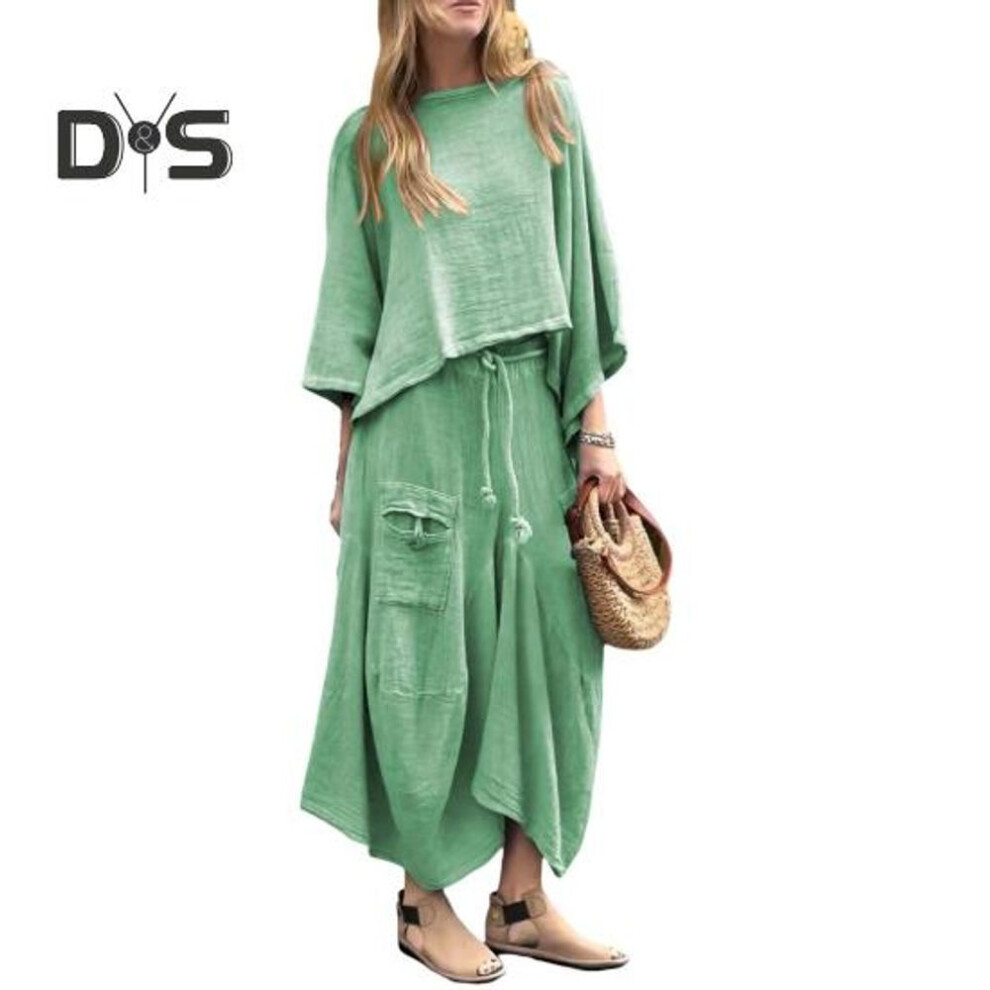 (green, XXL) 2 Pcs/set Women Top Skirt Suit Round Neck Three Quarter Sleeve Slant Hem Vintage Top Drawstring Elastic Waist Loose Irregular Maxi Skirt Spring Daily