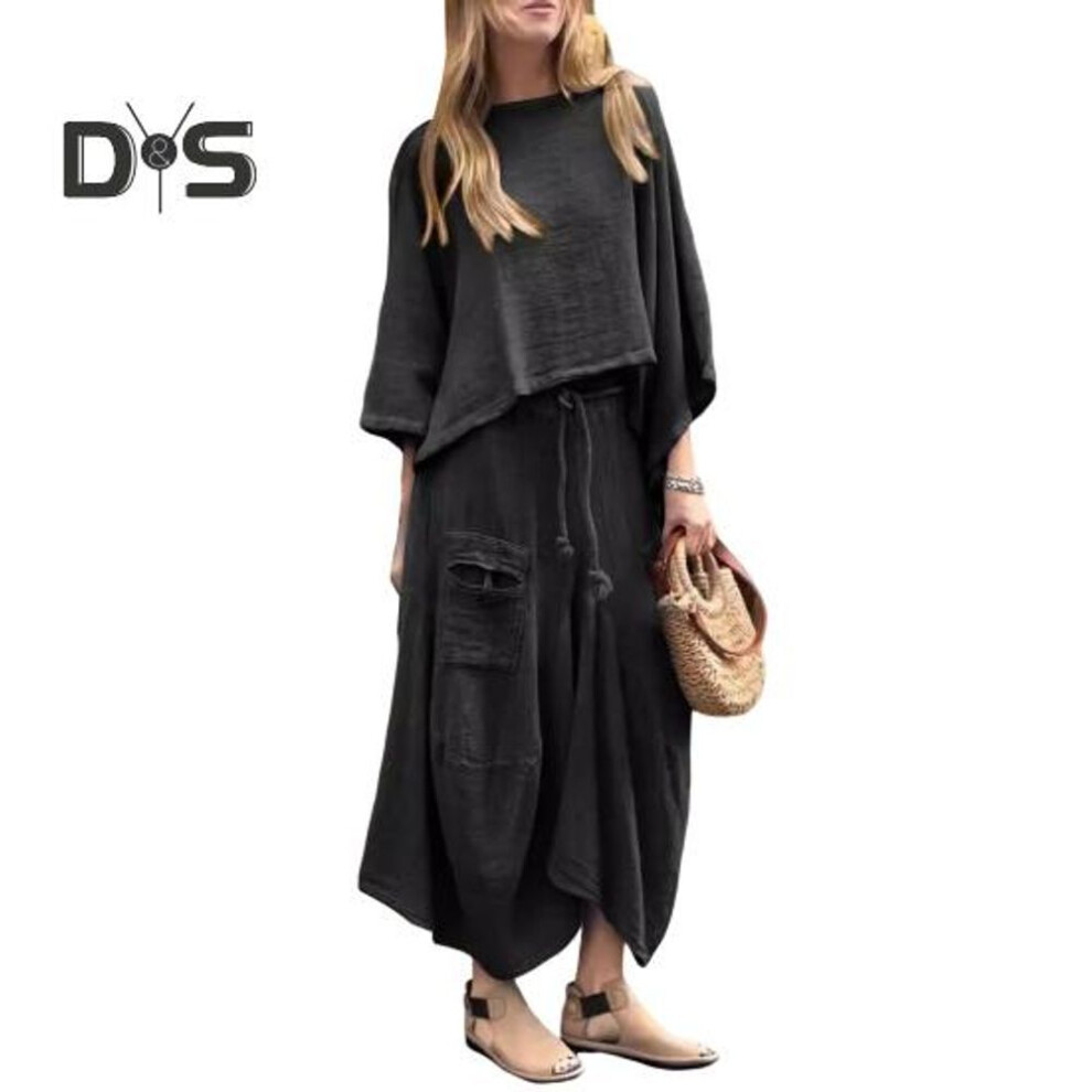 (black, XXXL) 2 Pcs/Set Women Top Skirt Suit Round Neck Three Quarter Sleeve Slant Hem Vintage Top Drawstring Elastic Waist Loose Irregular Maxi Skirt Spring Daily