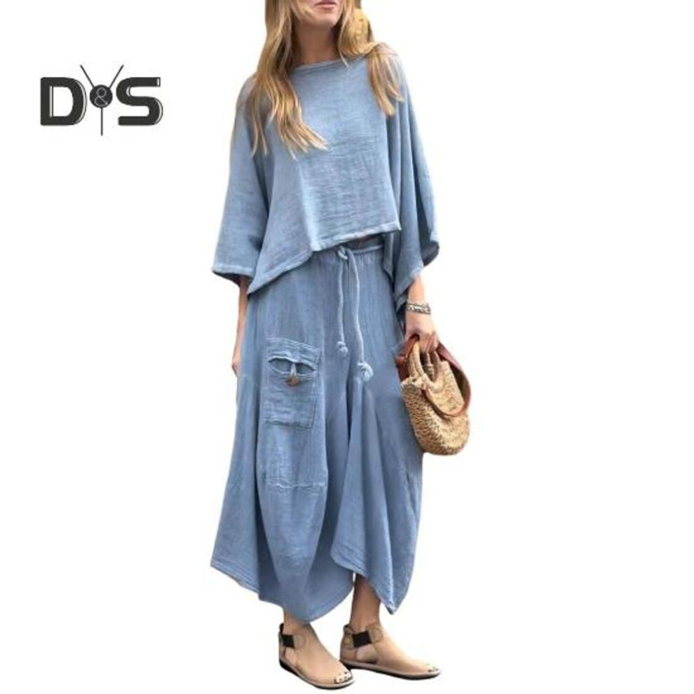 (blue, XXXL) 2 Pcs/set Women Top Skirt Suit Round Neck Three Quarter Sleeve Slant Hem Vintage Top Drawstring Elastic Waist Loose Irregular Maxi Skirt Spring Daily