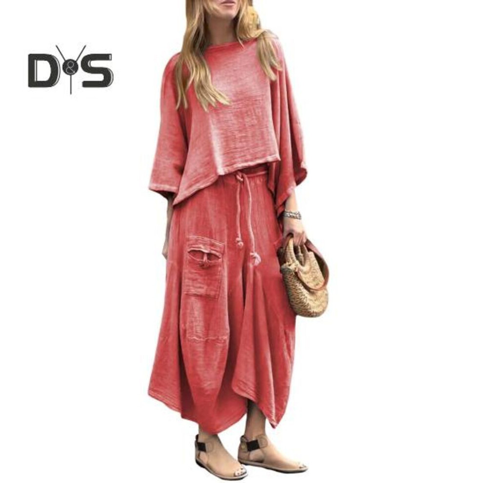 (red, XXXL) 2 Pcs/set Women Top Skirt Suit Round Neck Three Quarter Sleeve Slant Hem Vintage Top Drawstring Elastic Waist Loose Irregular Maxi Skirt Spring Daily