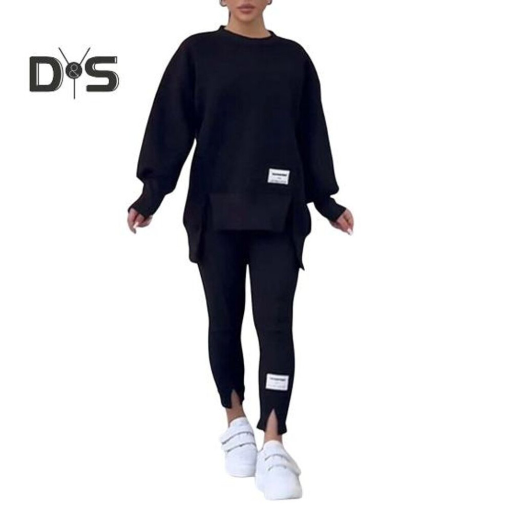 (black, M) 2 Pcs/set Women Top Pants Suit Round Neck Long Sleeve Slit Hem Sweatshirt Elastic Waist Solid Color Slim Fit Trousers Winter Daily Wear Outfit