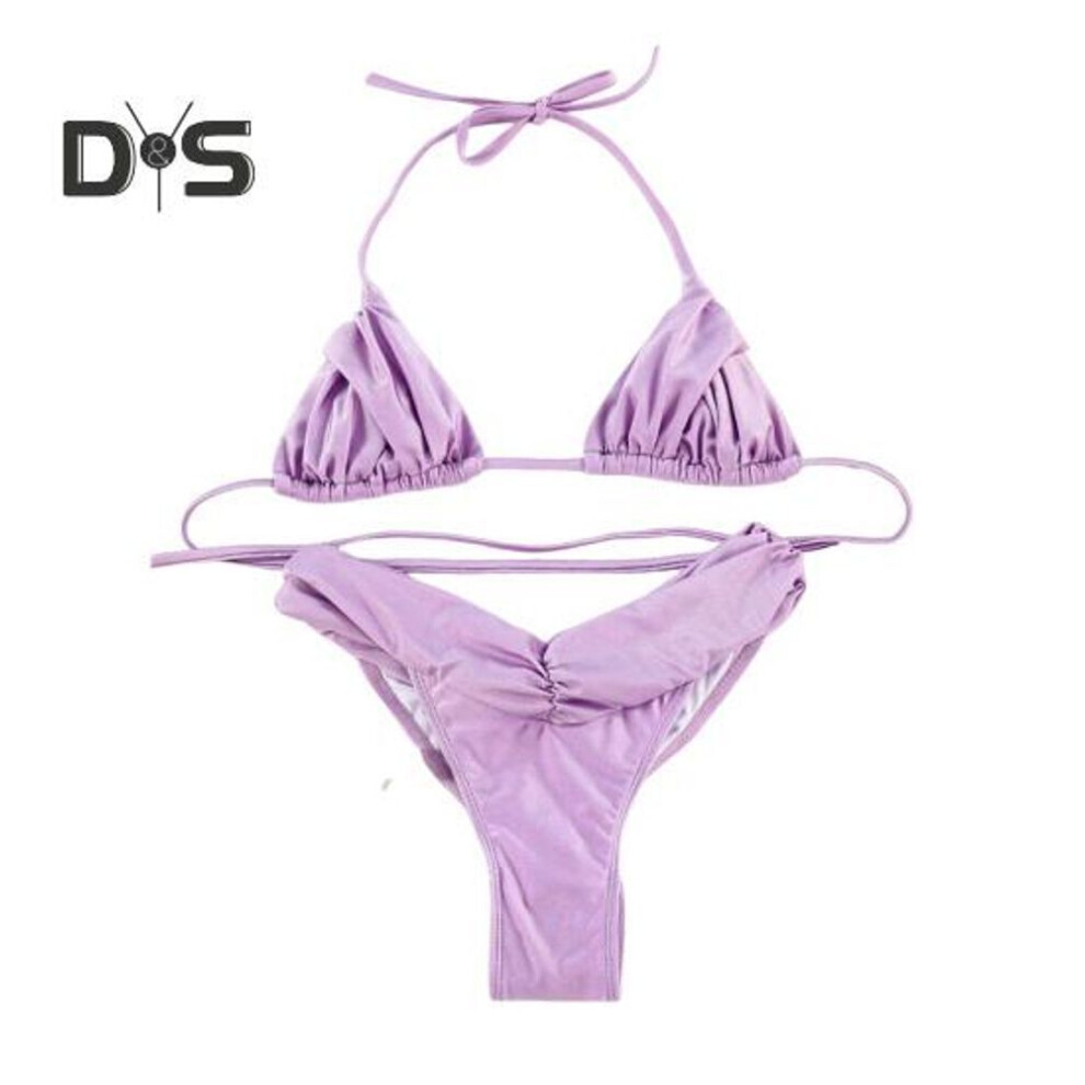 (L, purple) 2Pcs/Set Women Swimsuit Set Halter Underwire No Padded Bra Ruched High Waist Bikini Briefs Set Beachwear