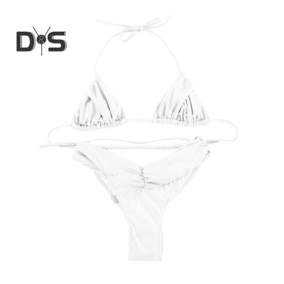 (S, white) 2pcs/set Women Swimsuit Set Halter Underwire No Padded Bra Ruched High Waist Bikini Briefs Set Beachwear