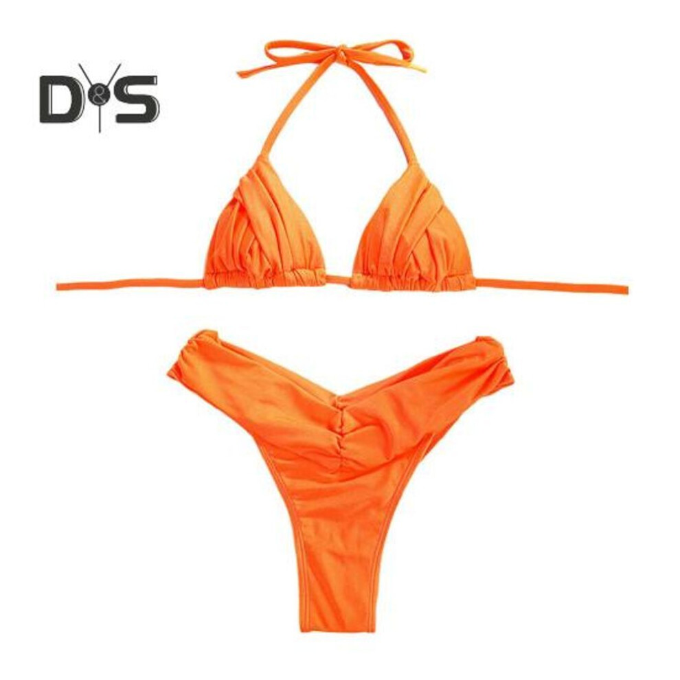 (L, orange) 2pcs/set Women Swimsuit Set Halter Underwire No Padded Bra Ruched High Waist Bikini Briefs Set Beachwear