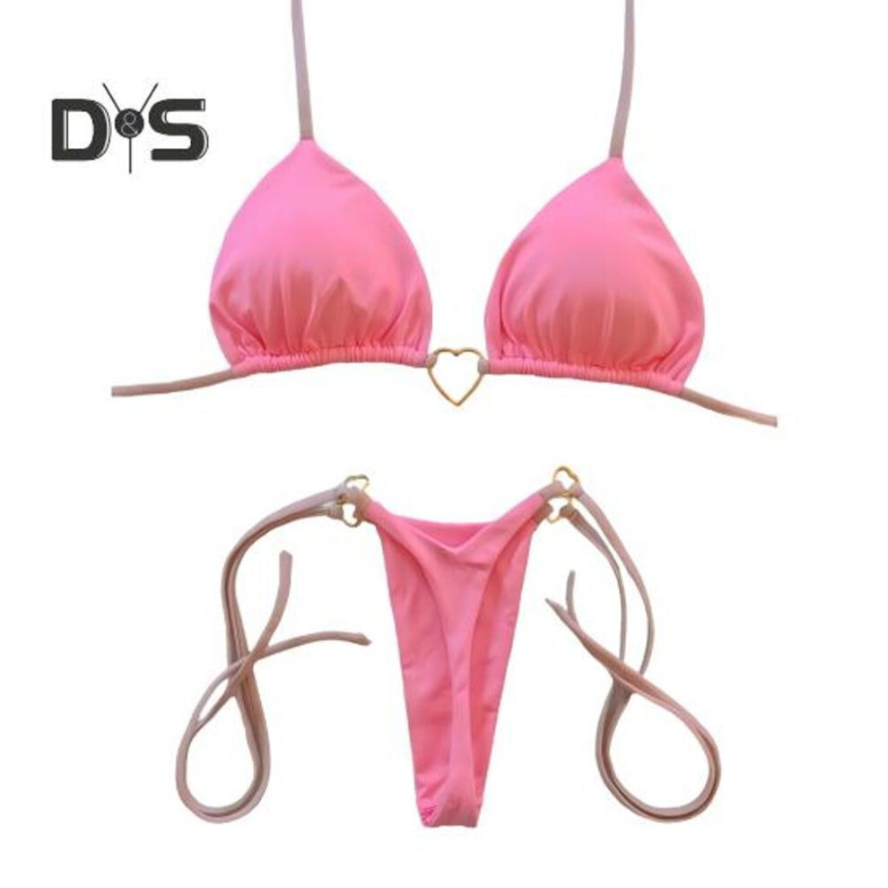 (M, pink) 2Pcs/Set Women Bikini Set Heart Metal Buckle Halter Lace-up Swimsuit with Briefs Set Quick Drying Beachwear