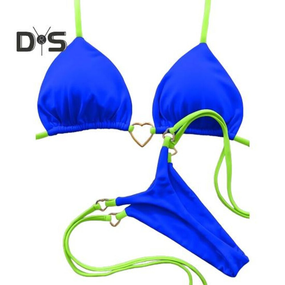 (L, blue) 2Pcs/Set Women Bikini Set Heart Metal Buckle Halter Lace-up Swimsuit with Briefs Set Quick Drying Beachwear