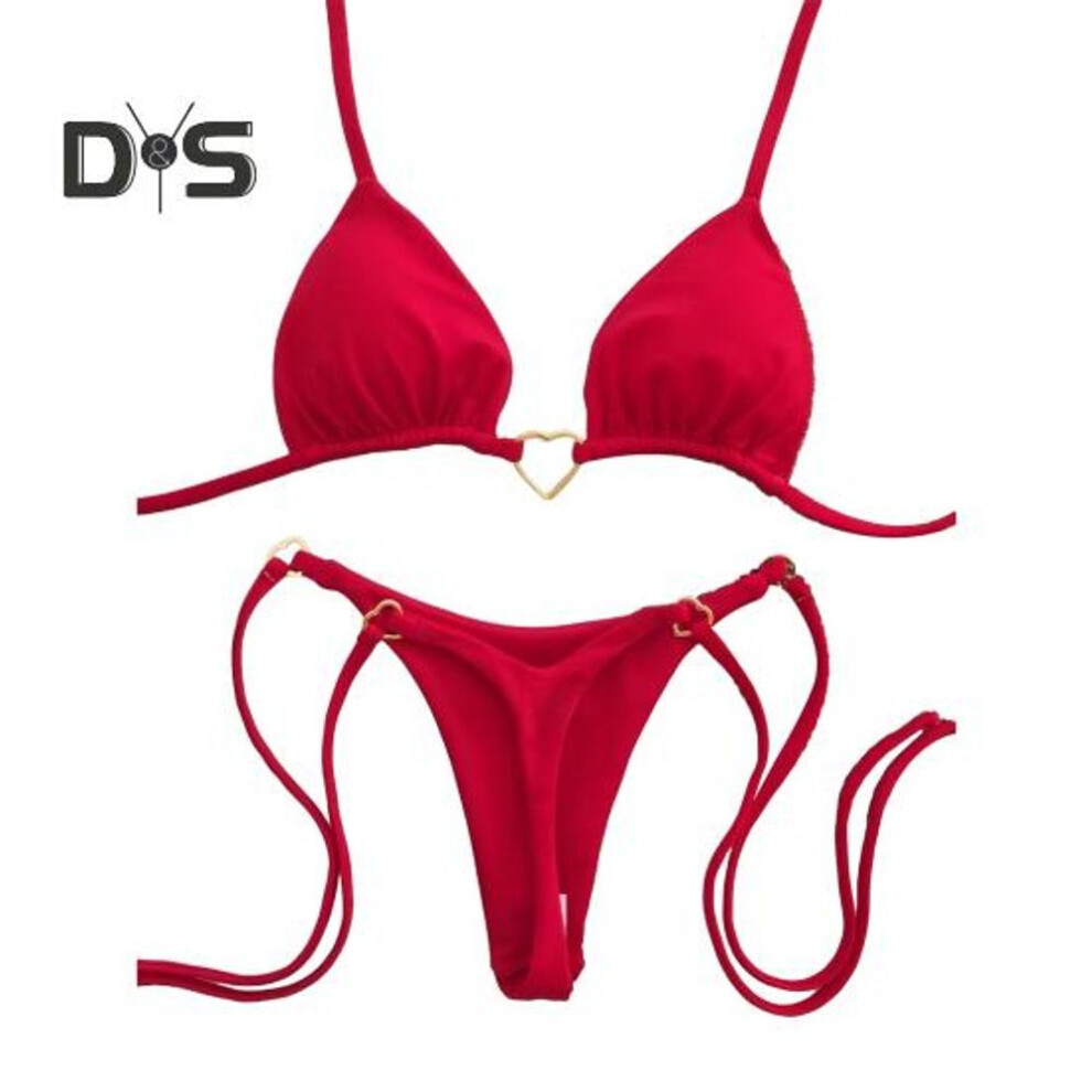 (M, red) 2Pcs/Set Women Bikini Set Heart Metal Buckle Halter Lace-up Swimsuit with Briefs Set Quick Drying Beachwear