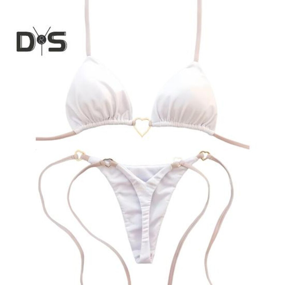 (S, white) 2Pcs/Set Women Bikini Set Heart Metal Buckle Halter Lace-up Swimsuit with Briefs Set Quick Drying Beachwear