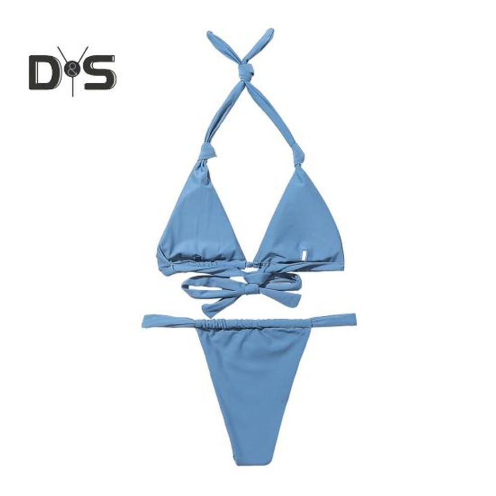 (XL, blue) 2Pcs/Set Women Bikini Set Halter Padded Wireless Bikini Bra High Waist Swimming Briefs Set Split Design Solid Color Swimsuit