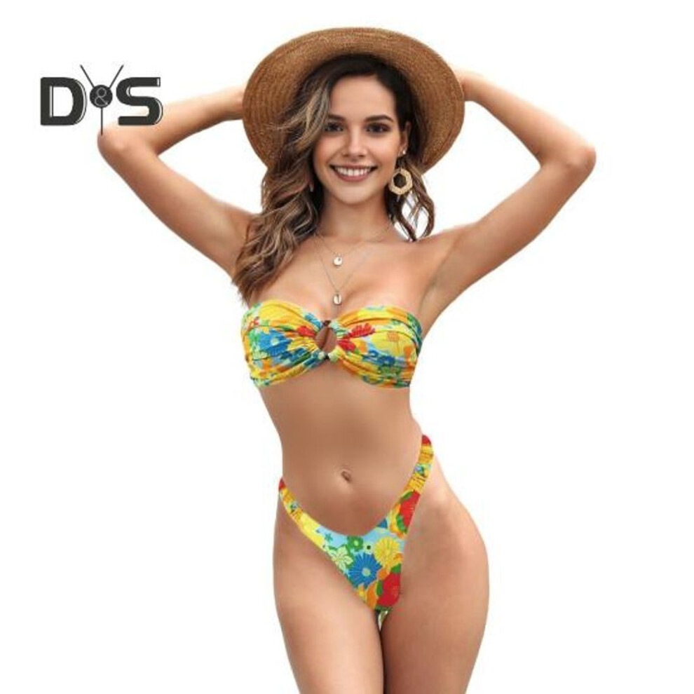 (S, yellow) 2Pcs/Set Women Bikini Set Bandeau Padded Wireless Bikini Bra High Waist Swimming Briefs Set Split Design Flower Print Swimsuit