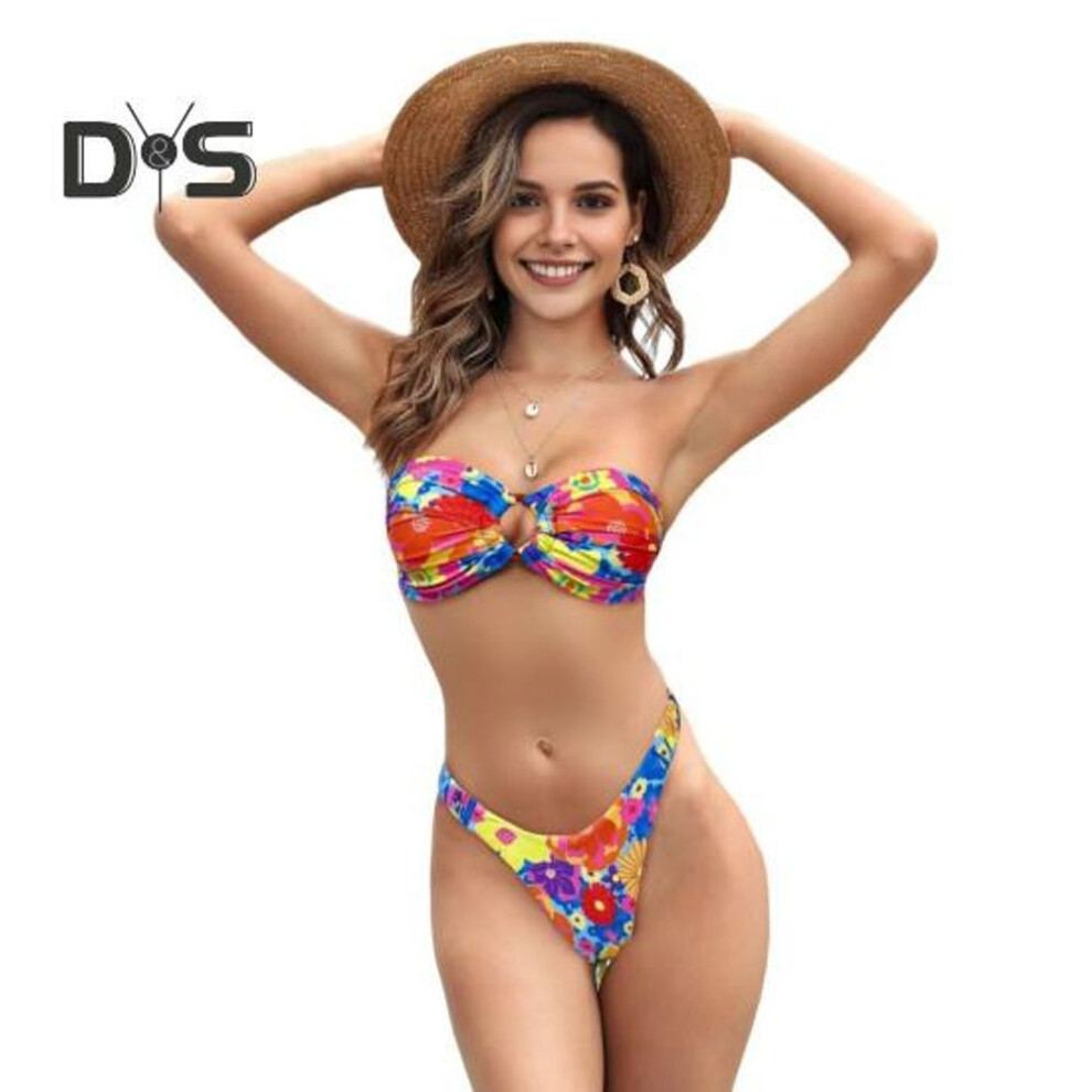 (S, purple) 2pcs/set Women Bikini Set Bandeau Padded Wireless Bikini Bra High Waist Swimming Briefs Set Split Design Flower Print Swimsuit