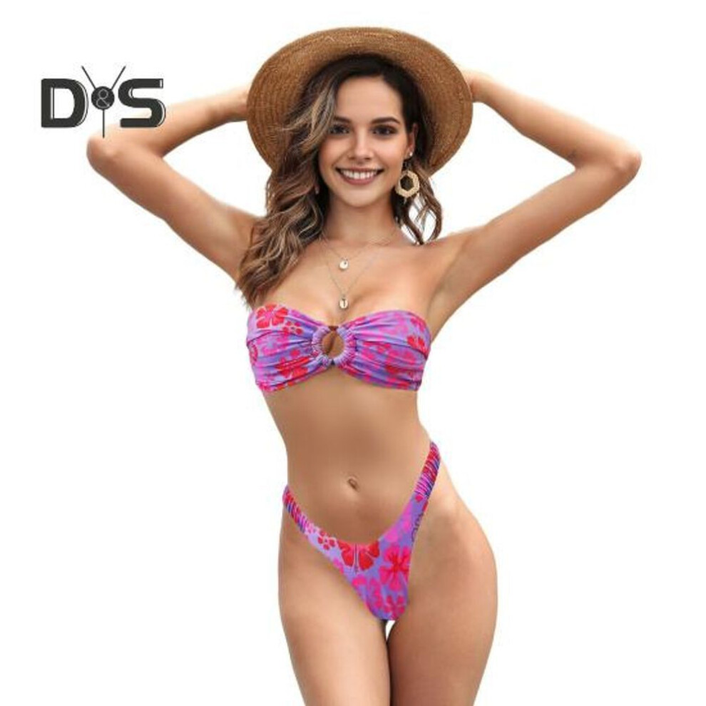 (M, rose red) 2pcs/set Women Bikini Set Bandeau Padded Wireless Bikini Bra High Waist Swimming Briefs Set Split Design Flower Print Swimsuit