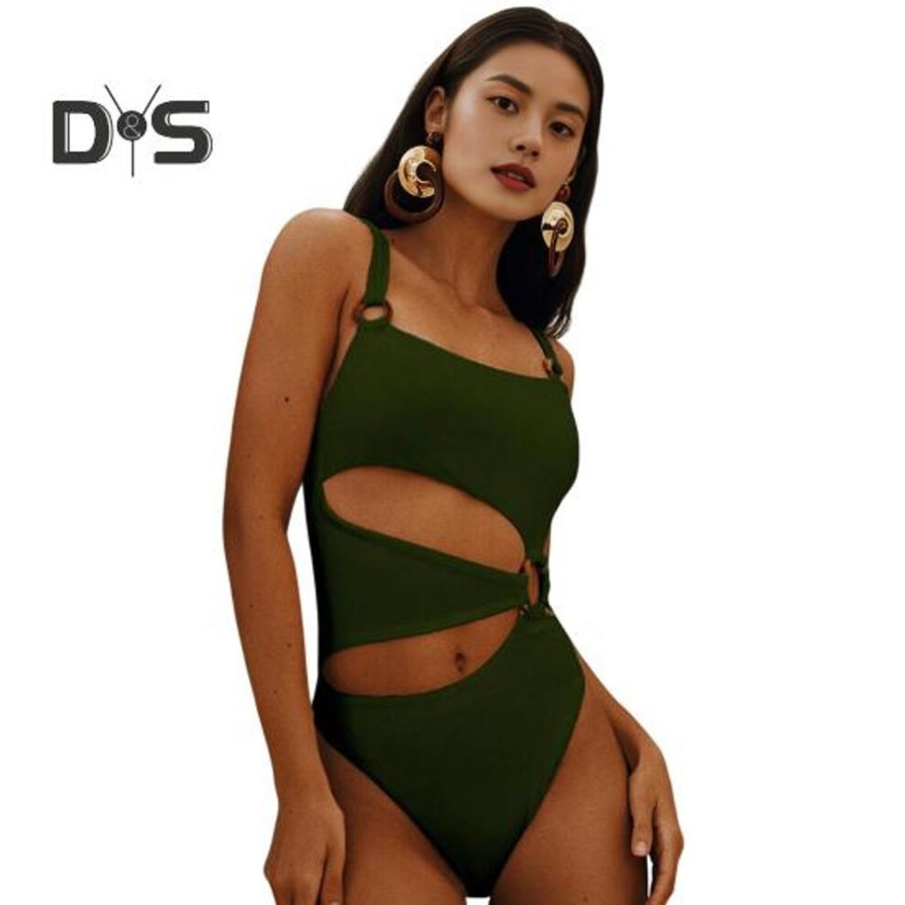 (M, army green) Women Monokini Padded Underwire Solid Color Square Neck One-Piece Bikini with Hollow Design Beach Vacation Swimwear