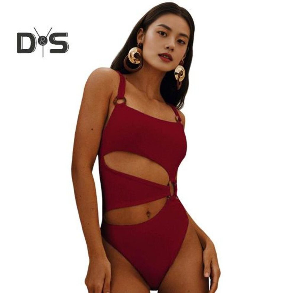 (S, wine red) Women Monokini Padded Underwire Solid Color Square Neck One-piece Bikini With Hollow Design Beach Vacation Swimwear