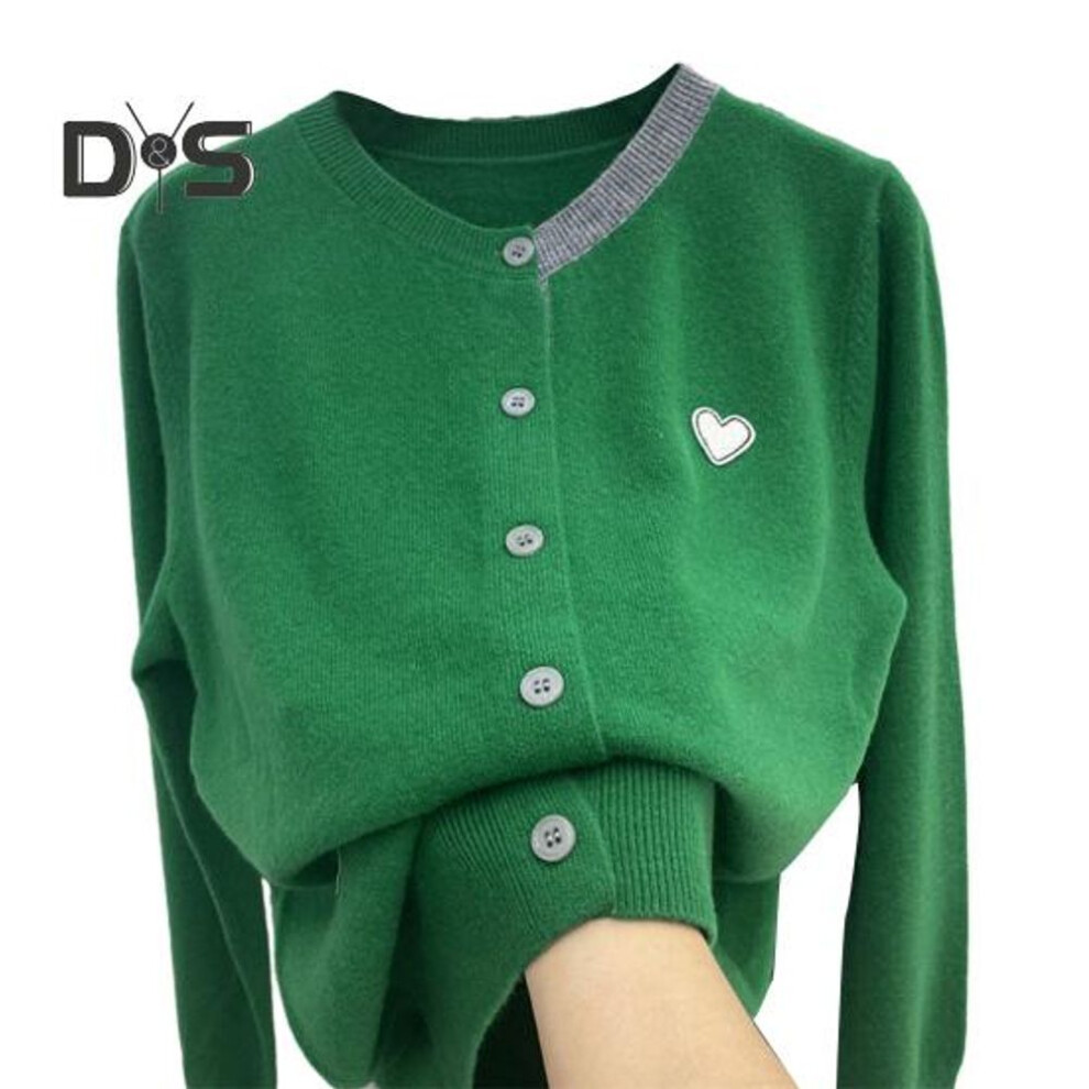 (green) Women Fall Winter Knit Cardigan Single breasted Round Neck Color Matching Elastic Long Sleeve Warm Anti pilling Lady Sweater Coat