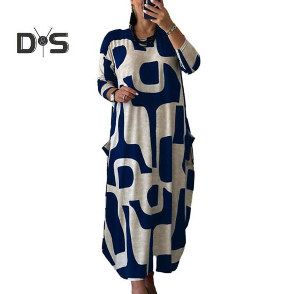 (blue, 3XL) Women Dress Color Matching Print Loose Long Sleeve O Neck A Line Ankle Length Pockets Plus Size Pullover Lady Maxi Dress